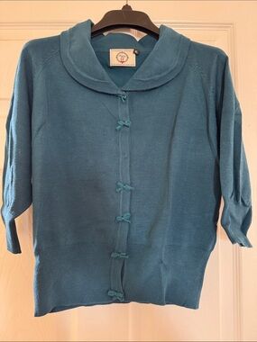 Dancing Days Teal Button-Front Knit Cardigan with Bow Detail